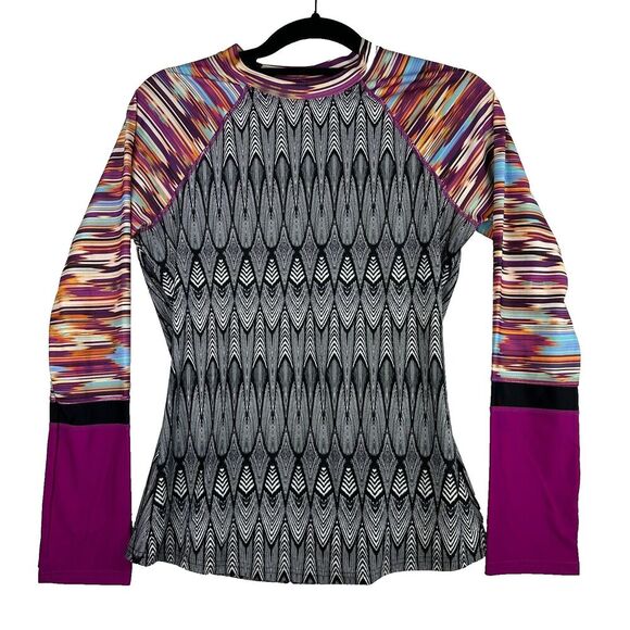 Prana Lorelei Sun Top Size S UPF 50+ Rash Guard Slim Colorful Abstract Swim Surf - Picture 1 of 10